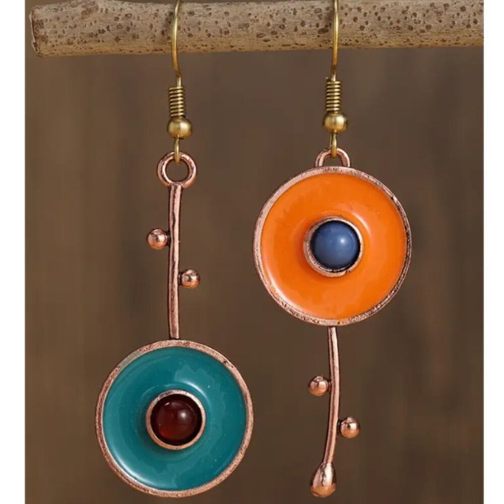 Vibrant Orange, Blue, Red & Teal Concentric Circle Bohemian Art Deco Design - Picture 2 of 2
